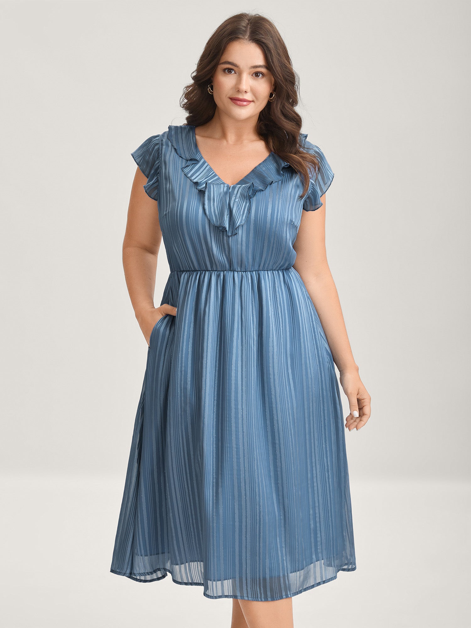 Textured Stripe Ruffled Neck Midi Dress