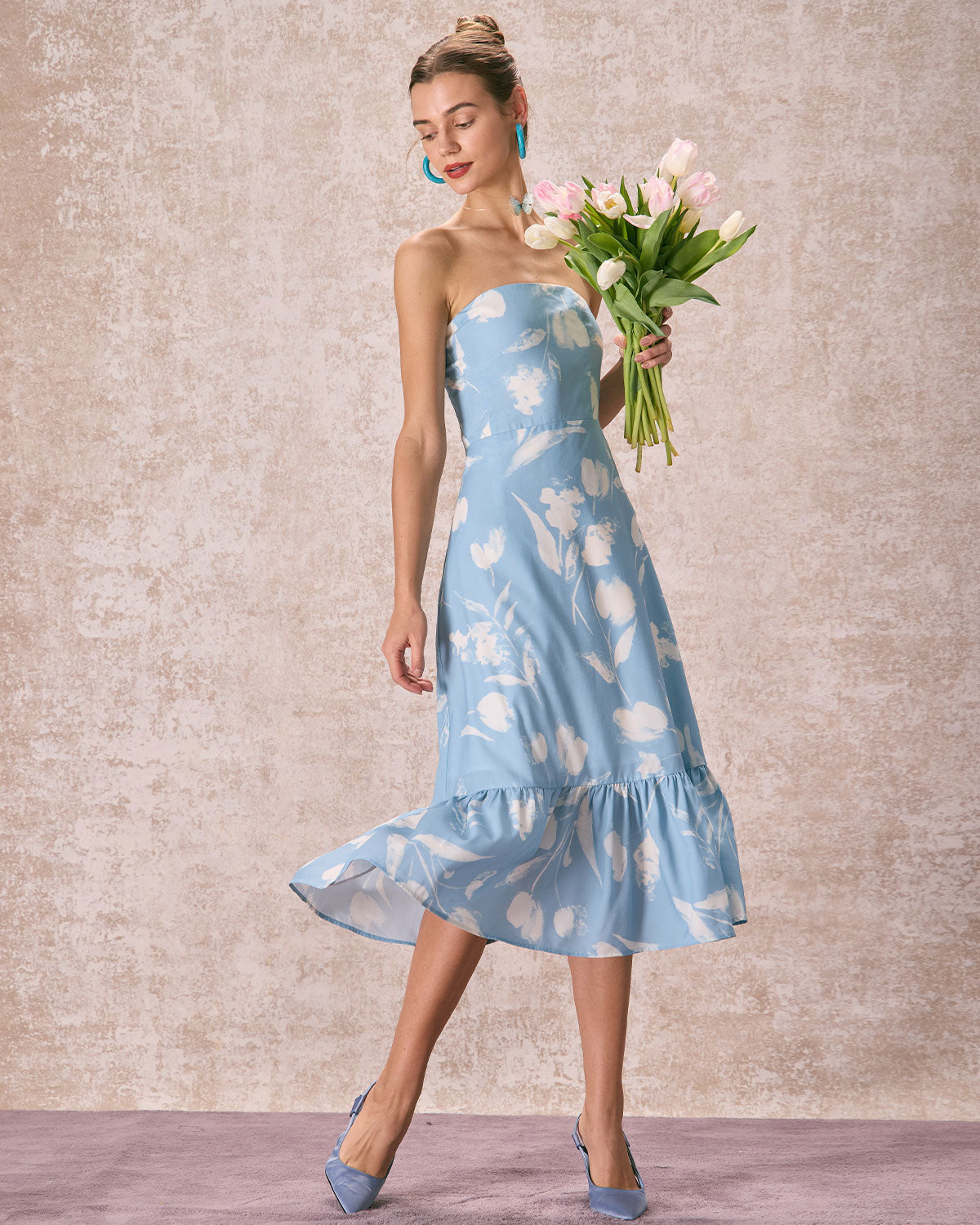 The Blue Ruffle Trim Strapless Floral Midi Dress