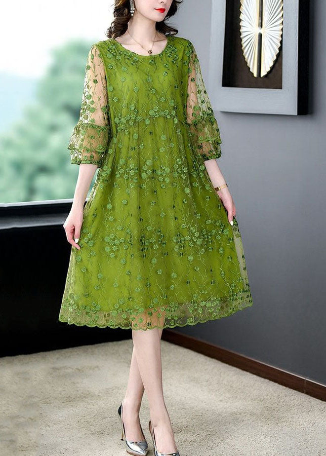 Chic Green O Neck Embroidered Patchwork Tulle Mid Dress Summer