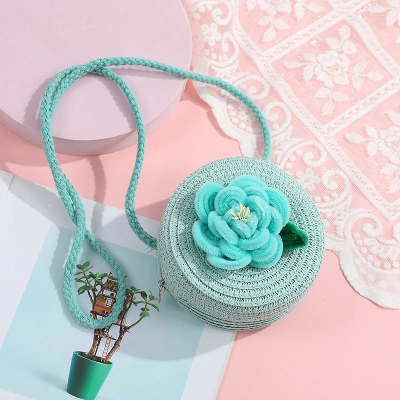 Women's Small Straw Solid Color Flower Vacation Beach Weave Round Zipper Straw Bag