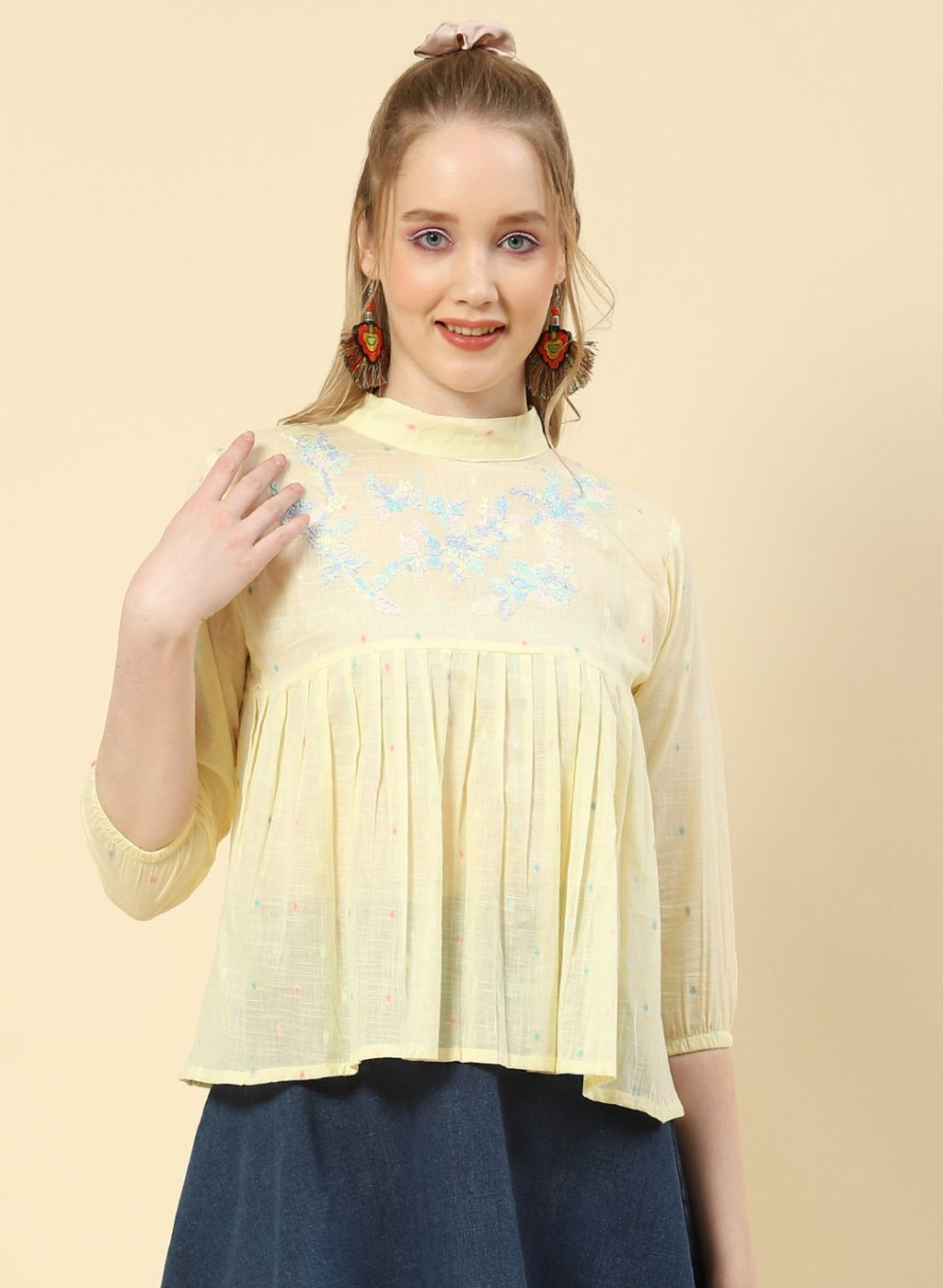 Women Yellow Embroidered Top