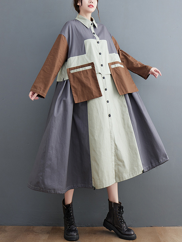 Vintage Loose Long Sleeves Contrast Color Polo Midi Dresses