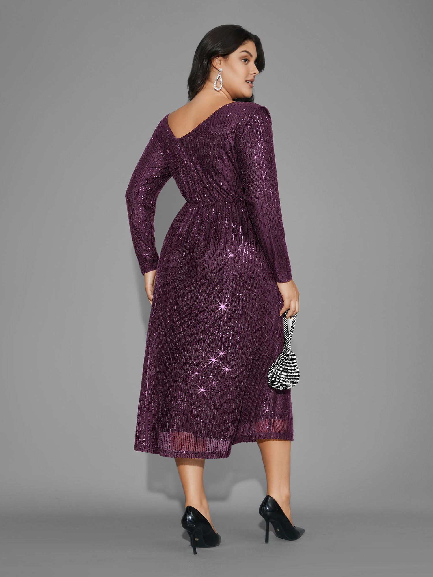 Sequin Mesh Asymmetrical Neck Midi Dress