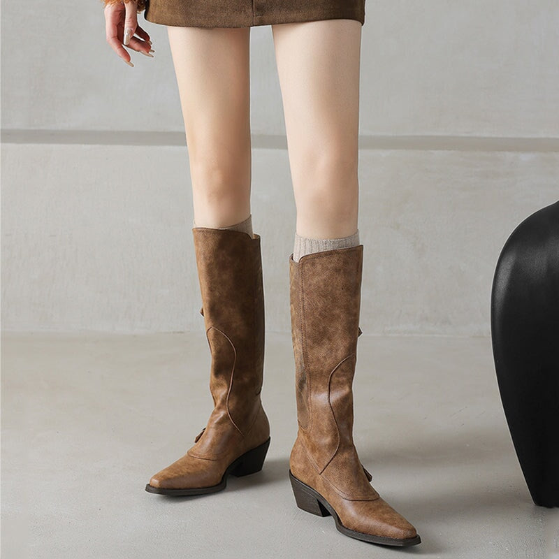 Women's Western R Toe Knee High Riding Boots with Belt in Grey/Brown