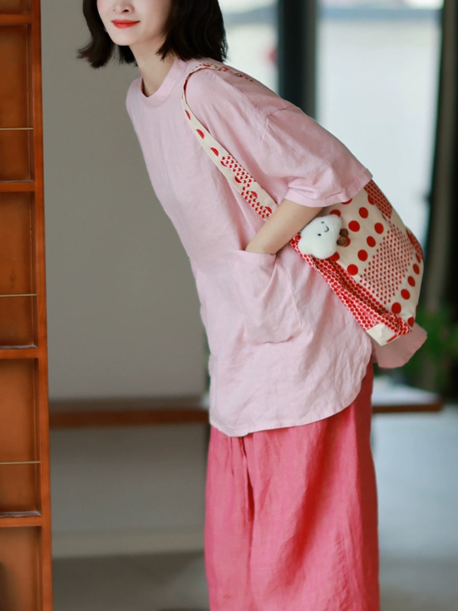 Women Summer Artsy Pure Color 100%Linen O-Neck Shirt
