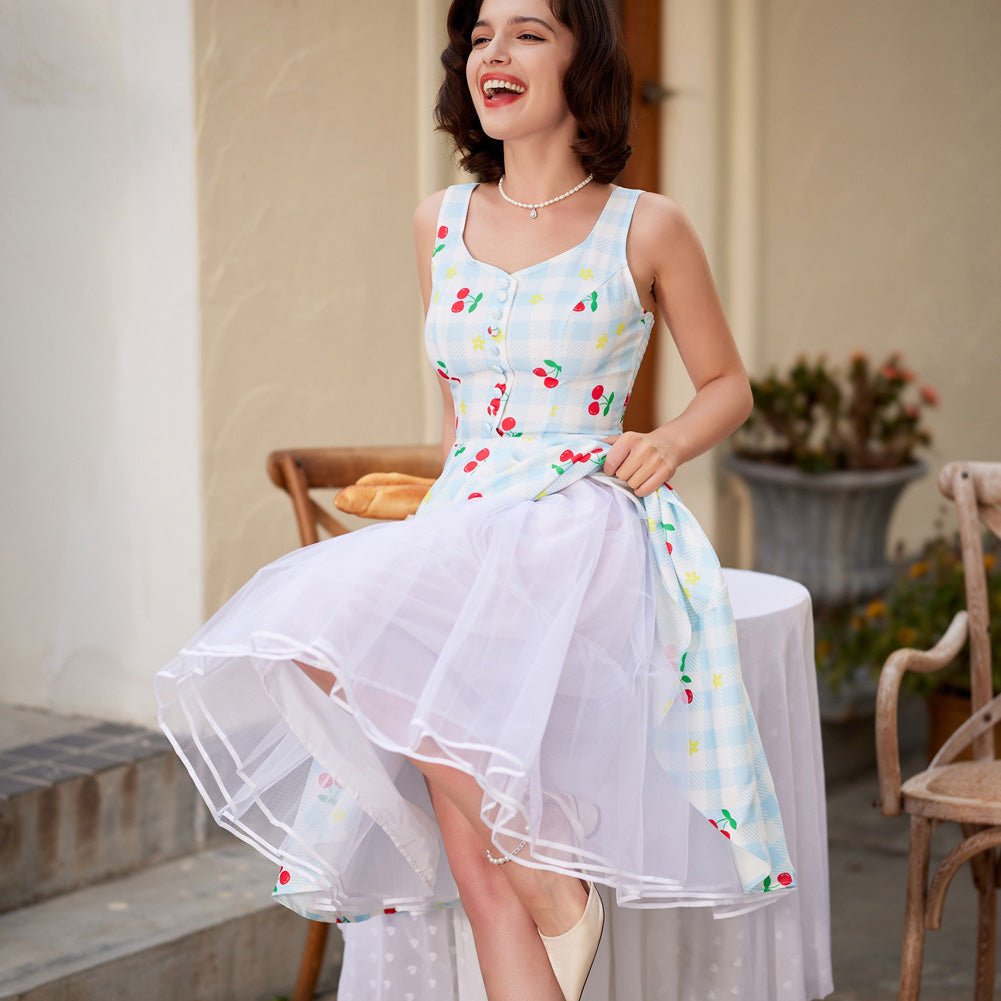 Strawberry Patterns Pleated Buttons Decorated Elastic Waist High Waist Swing A-Line Skirt with Pockets