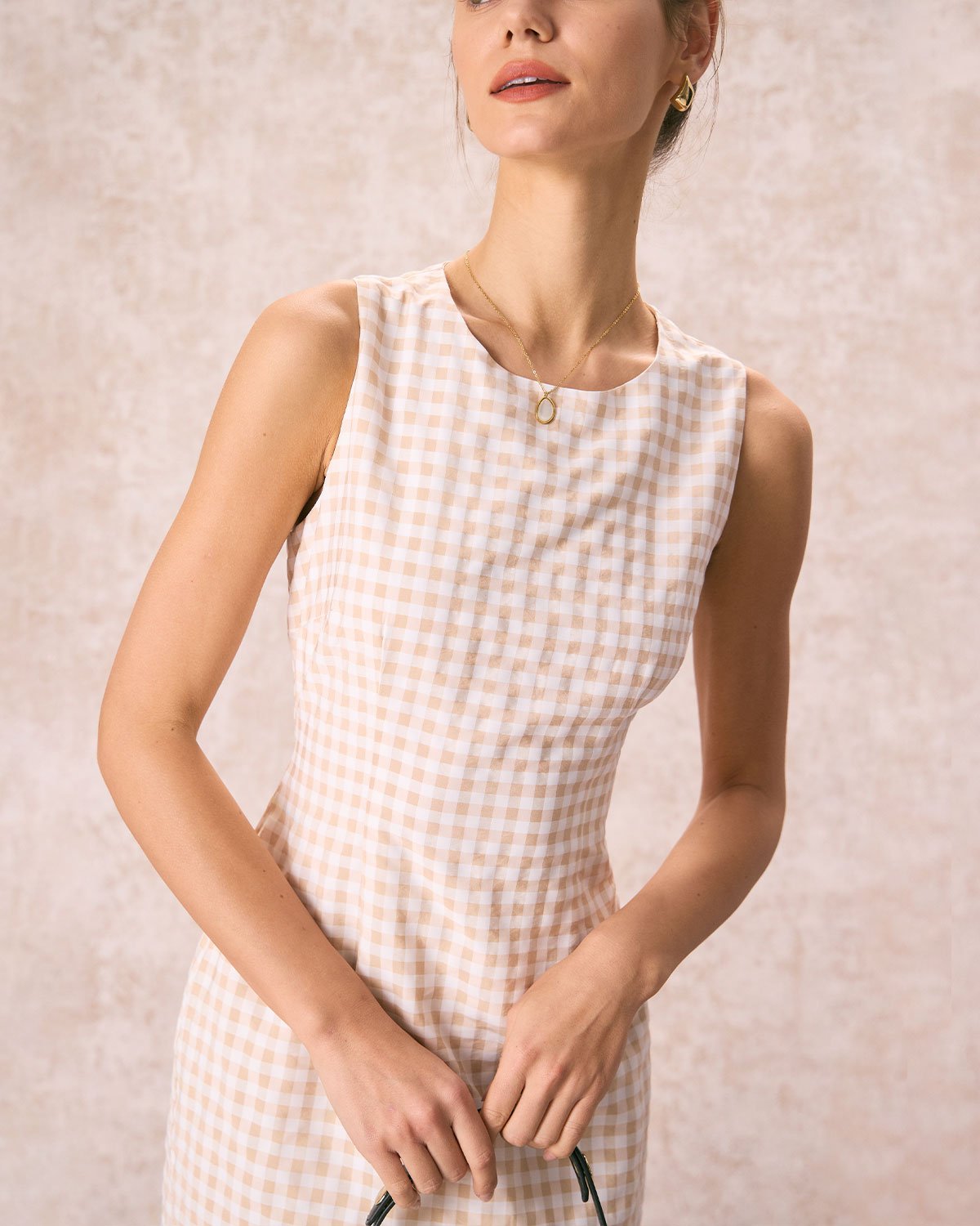 The Beige Round Neck Plaid Slit Midi Dress