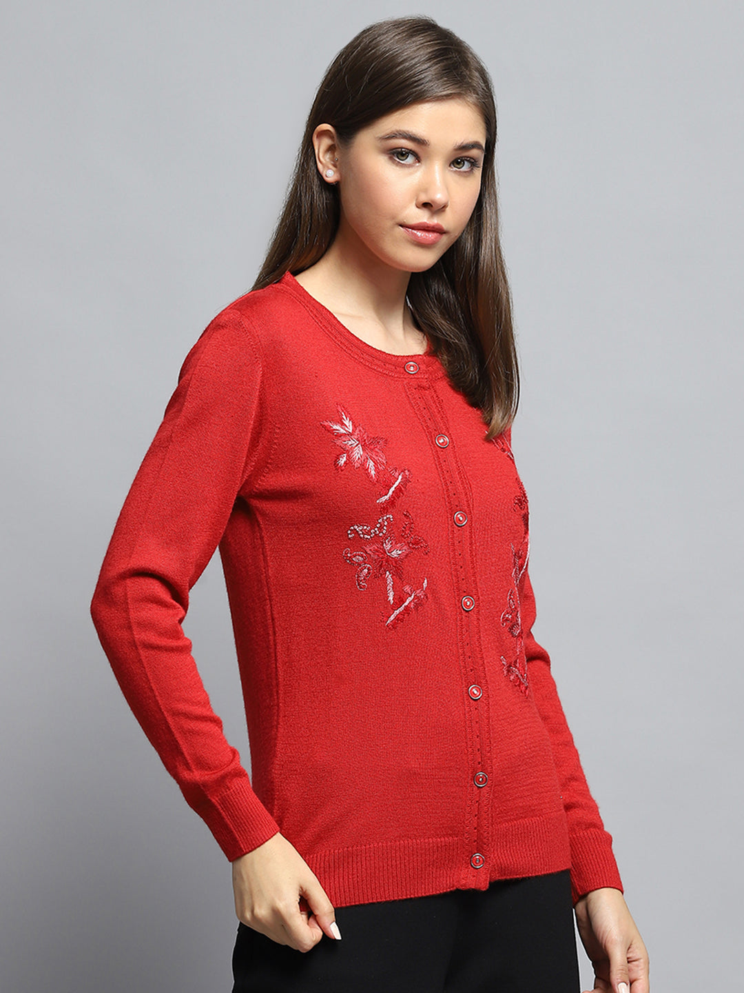 Women Red Self Design Round Neck Full Sleeve Cardigan