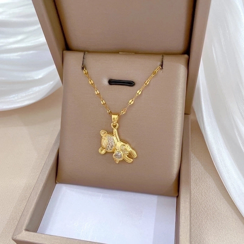 Minimalist Bear Titanium Steel Copper Plating Inlay Zircon Pendant Necklace