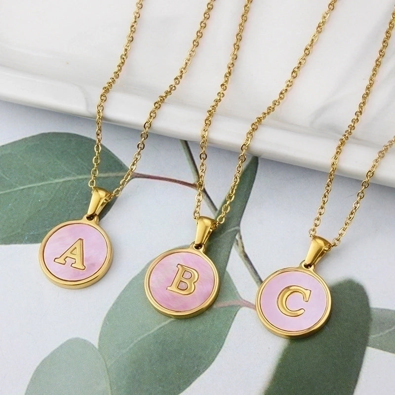 Minimalist Letter Titanium Steel Plating Inlay Shell Pendant Necklace