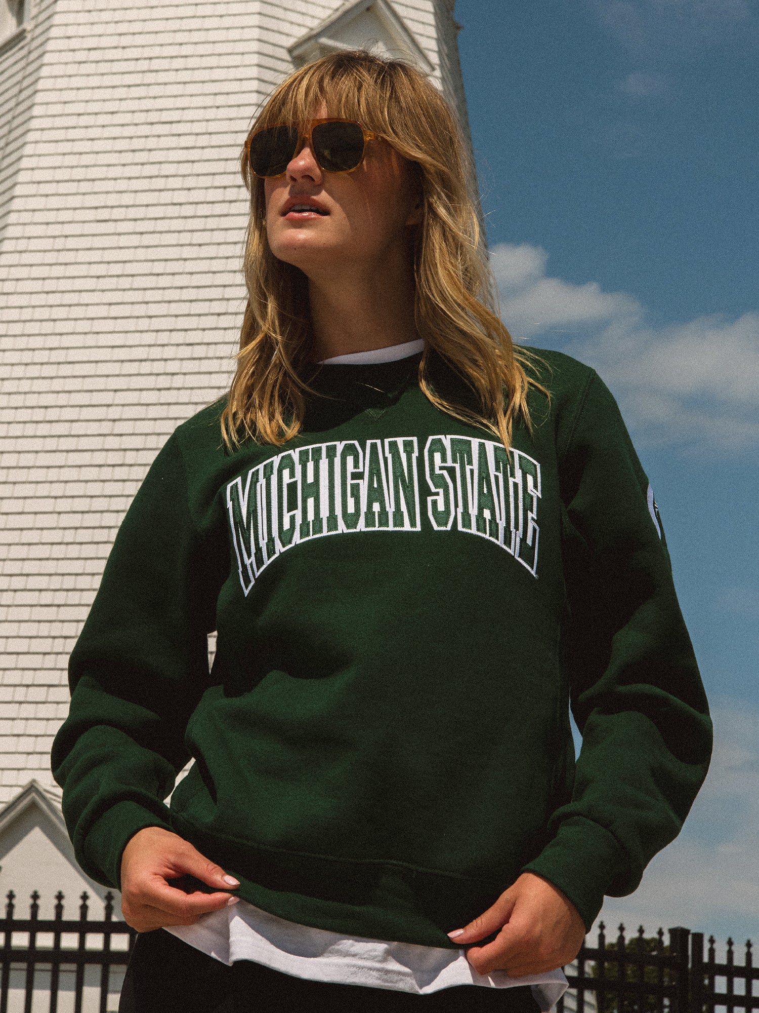 RUSSELL MICHIGAN STATE SLEEVE EMBROIDERED CREW