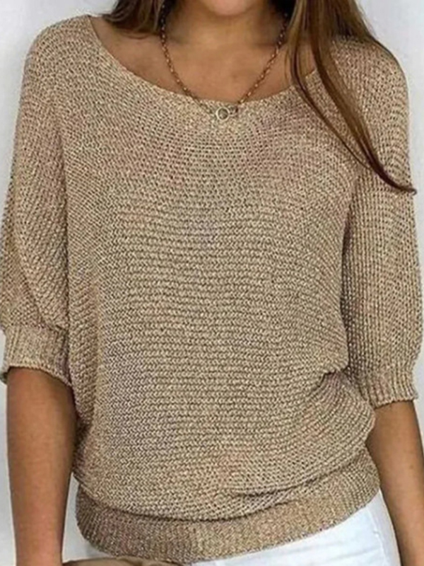 Loose Plus Size Solid Color Split-Joint Round-neck Sweater Tops