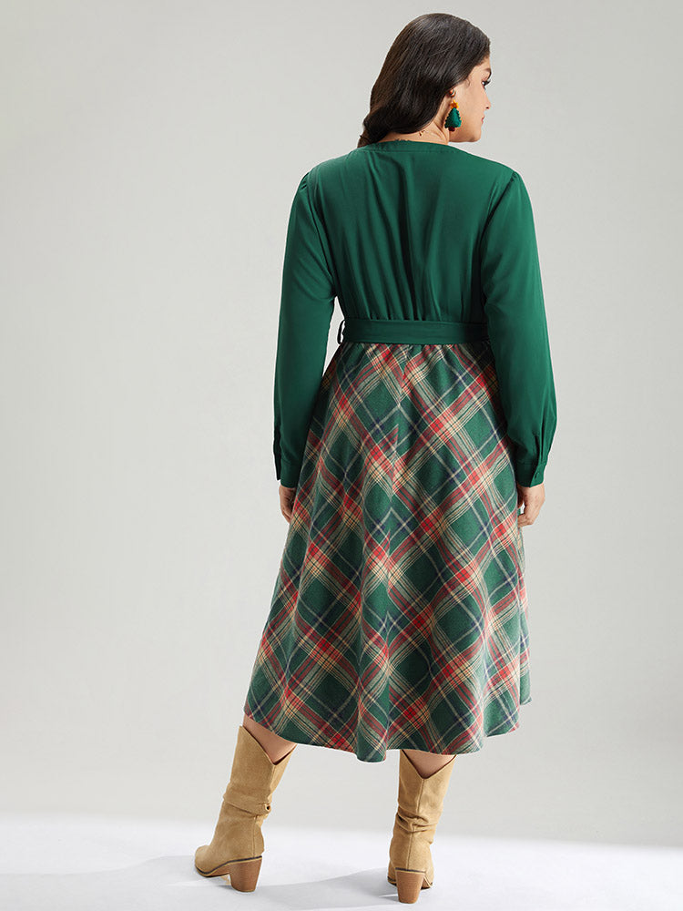Twill Plaid Print Notched Contrast Belted Dress