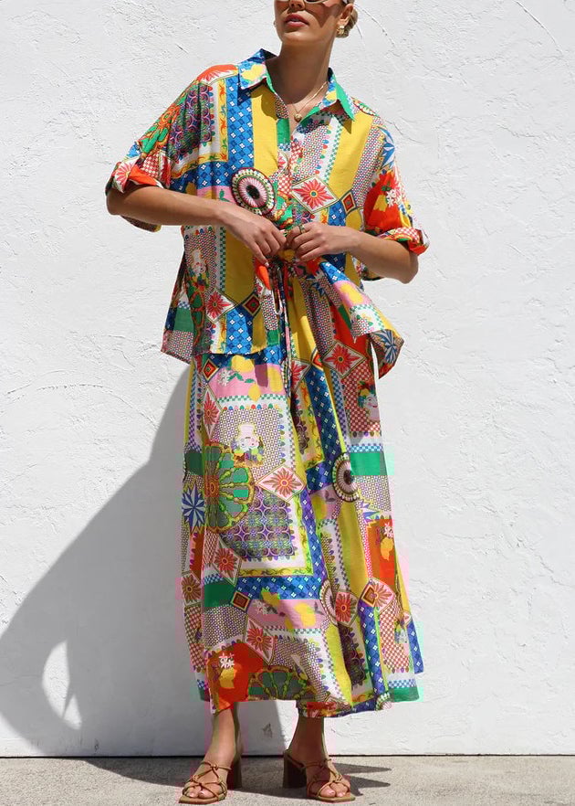 Boho Print Shirts And Maxi Skirts Two Piece Set Short Sleeve