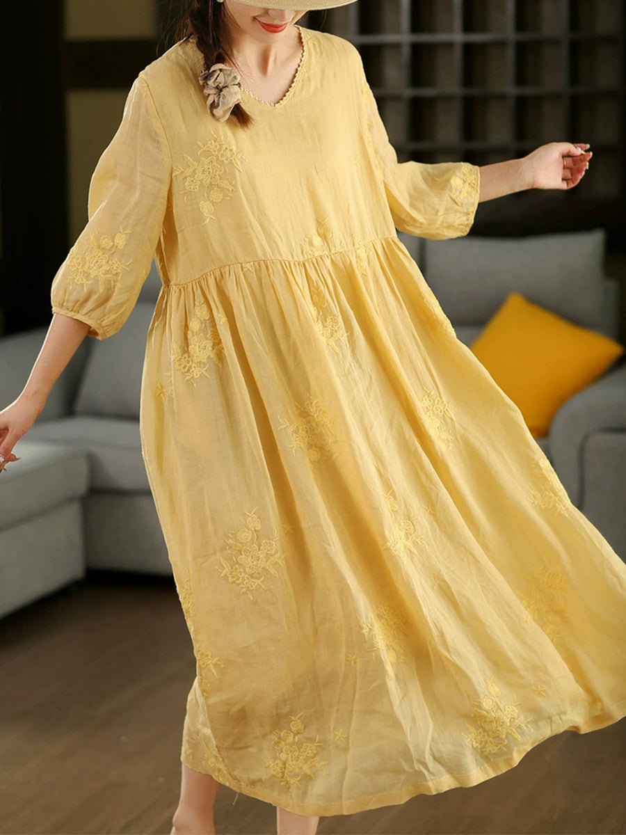 Women Summer Artsy Embroidery O-Neck 100%Ramie Dress