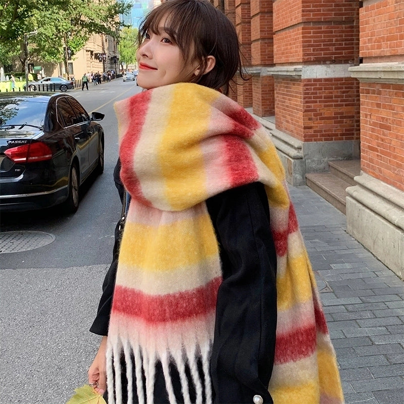 Brown Striped Scarf Women's Autumn And Winter  Trendy Winter Warm Imitation Cashmere Windproof Scarf For Students