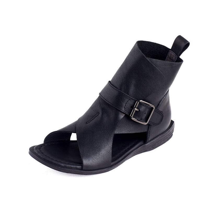 Handmade Leather Peep Toe Roman Flat Sandals Gladiator Boots with Buckle in Black/Coffee