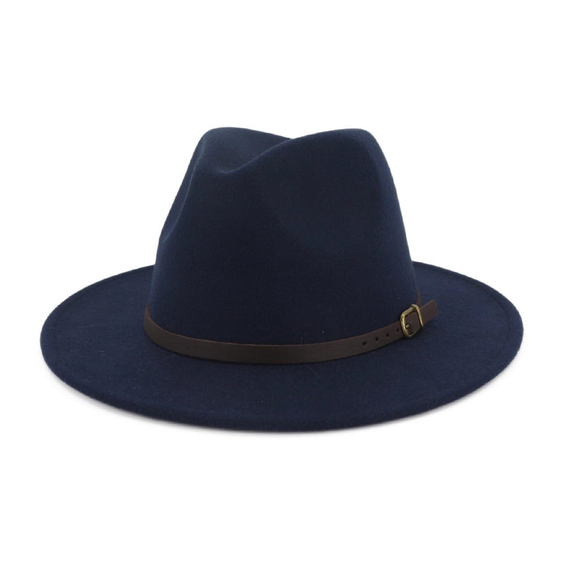 New Women's Woolen Brown Belt Buckle Top Hat Men And Women Couple Hat Flat Brim Big Brim Jazz Hat