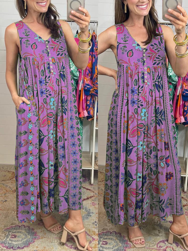 Vintage floral print loose sleeveless jumpsuit