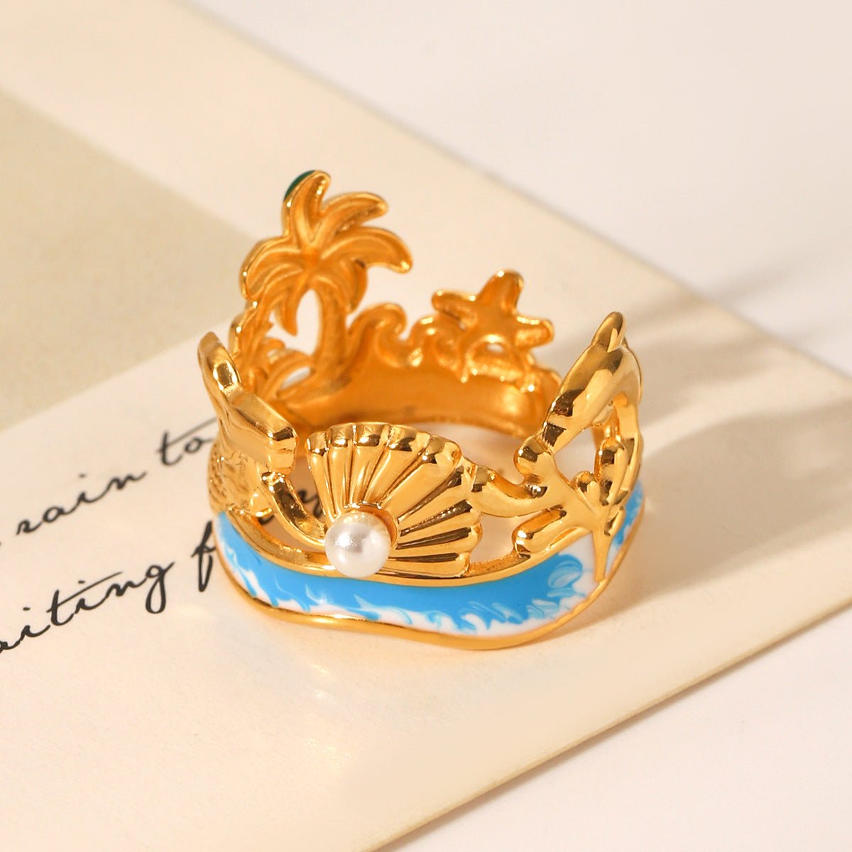 Ocean Style Mermaid Pearl Shell Oil Drop Ring Stainless Steel Gold-Plated Open Ring Design Hand Jewelry