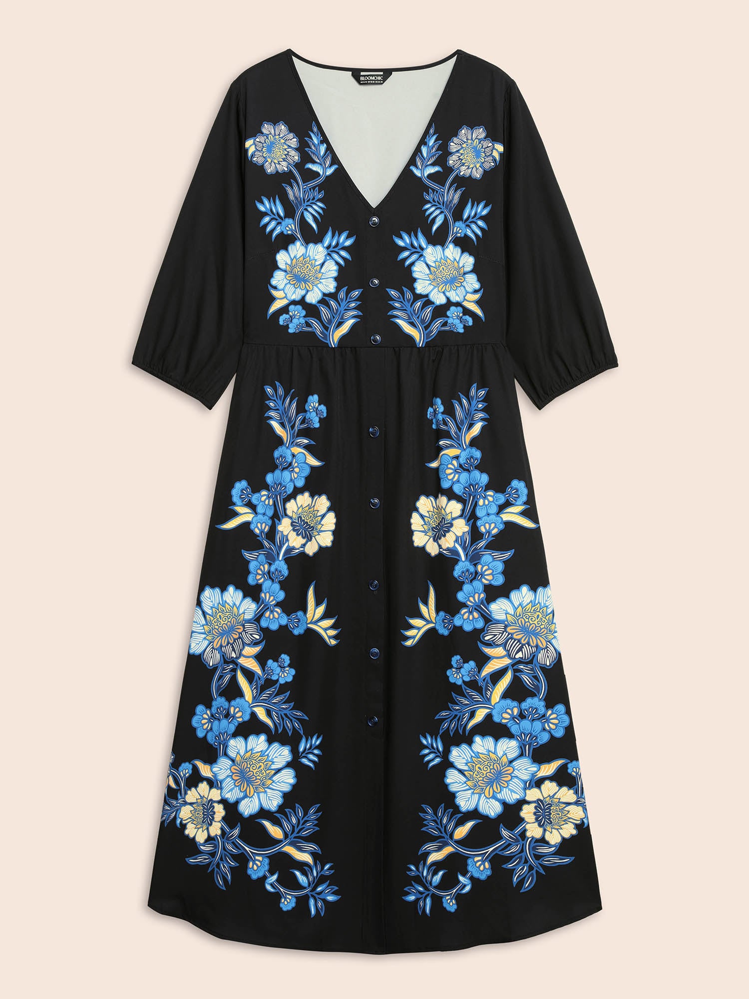 Boho Print Lantern Sleeve Midi Dress