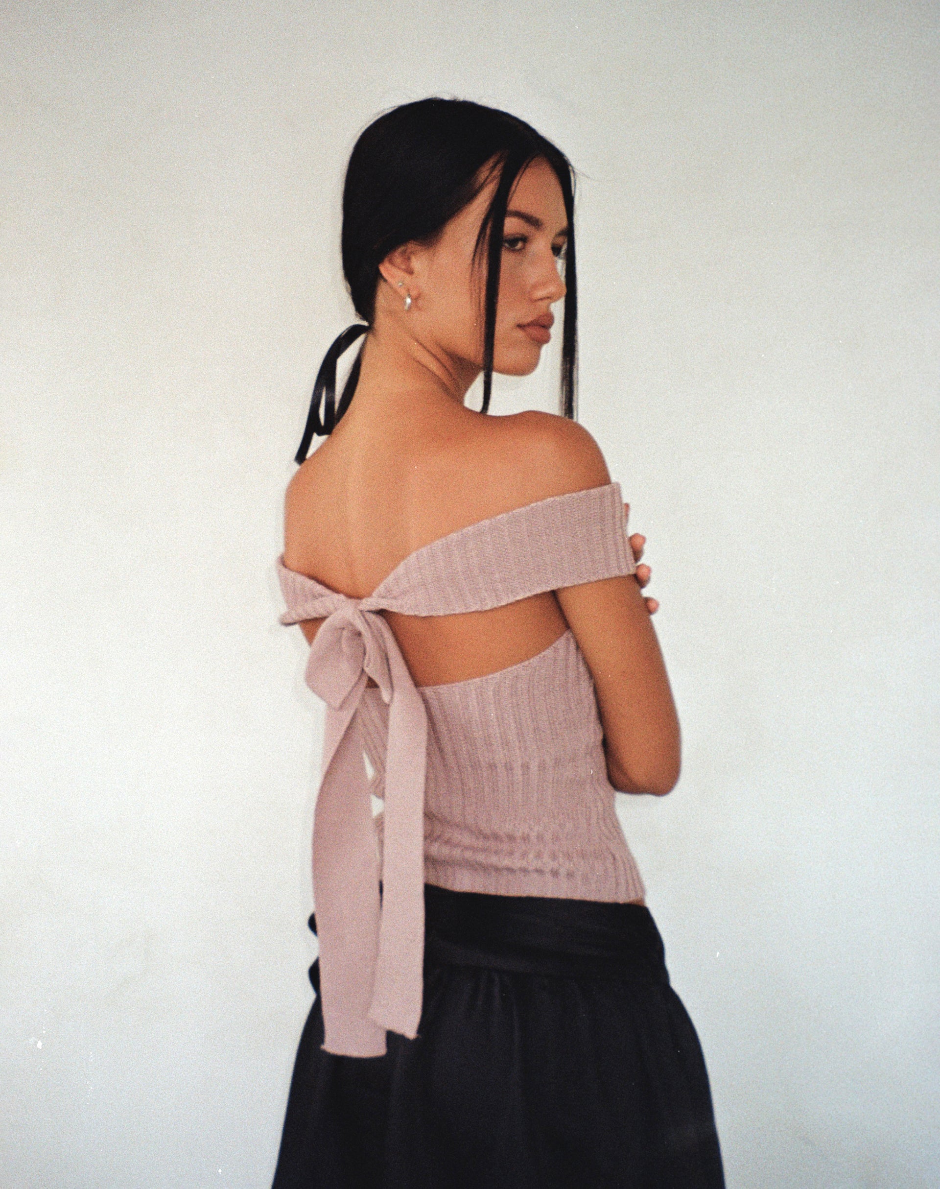 Wilda Bardot Bow Back Top in Knit Blush