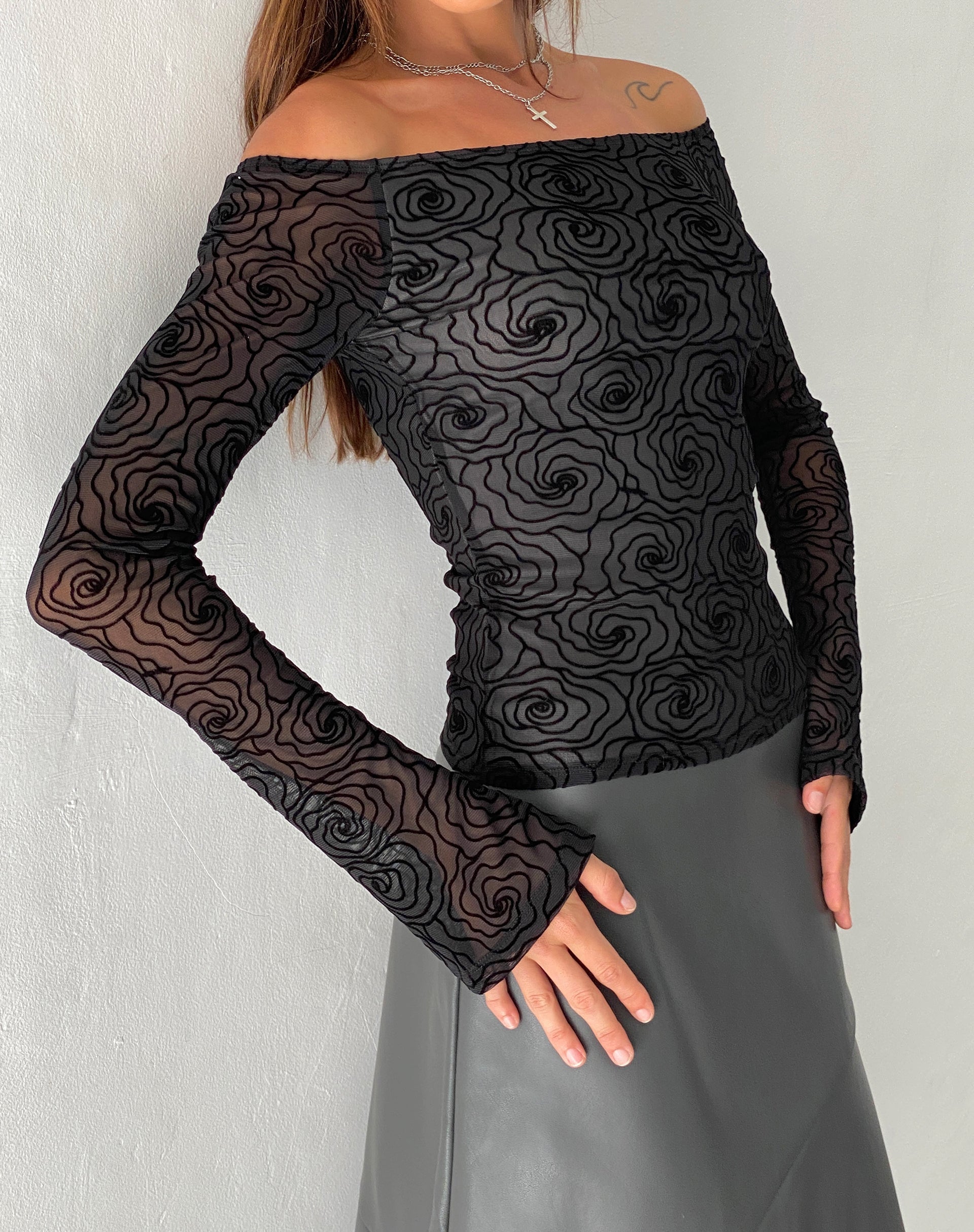 Neira Long Sleeve Mesh Bardot Top in Black Abstract Flower Flock