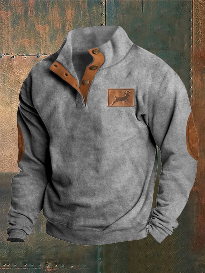 Men's Western Style Printed Stand Collar Button Sweatshirt