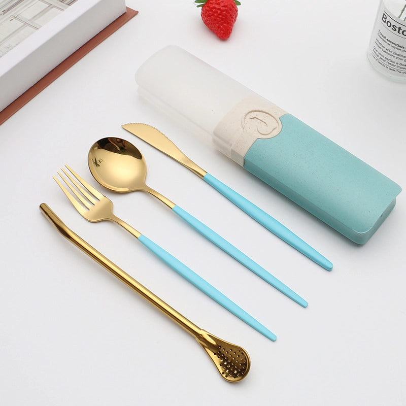 Retro Pastoral Color Block Stainless Steel Spoon Fruit Knife Fruit Fork 1 Set