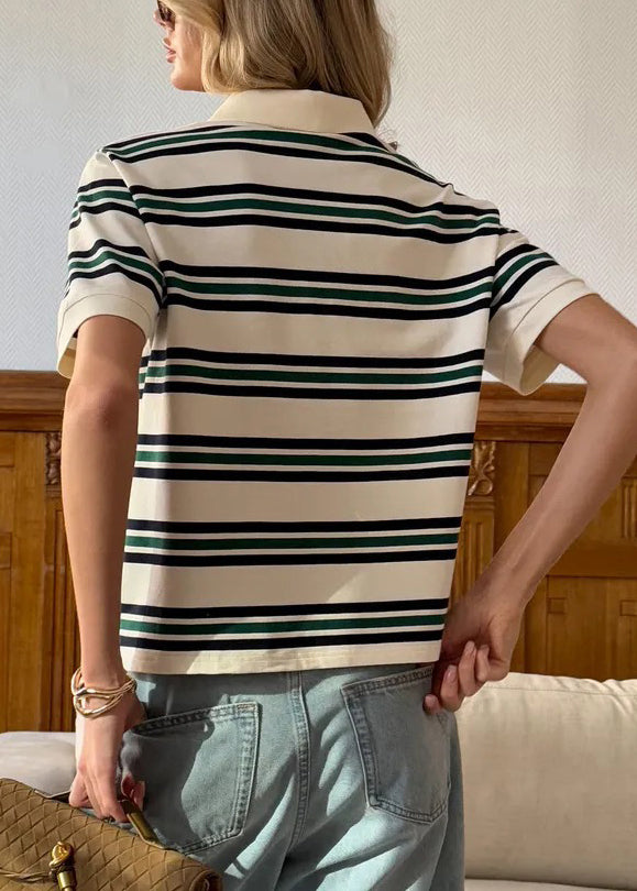 Beige Striped Button Cotton Summer T Shirt Peter Pan Collar