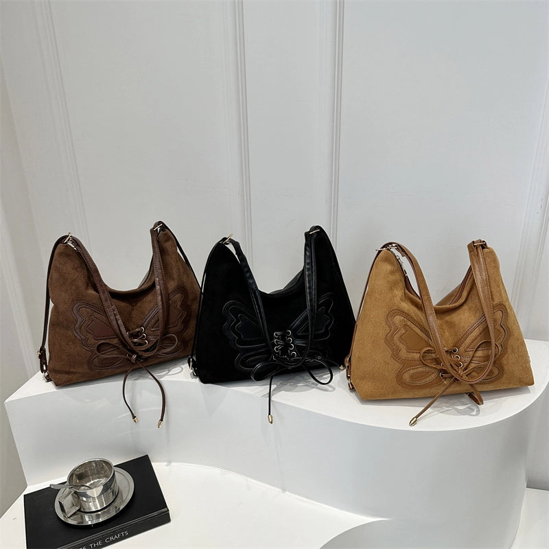 Women's Medium Suede Solid Color Butterfly Streetwear Square Zipper Shoulder Bag