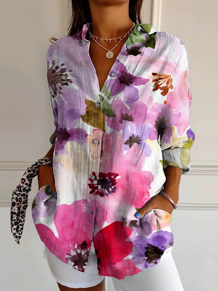 Women's Lovely Floral Breast Cancer Awareness Art Print Casual Cotton Shirt