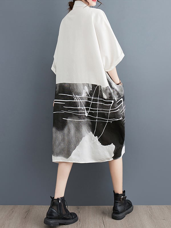 Half Sleeves Loose Printed Lapel Midi Dresses