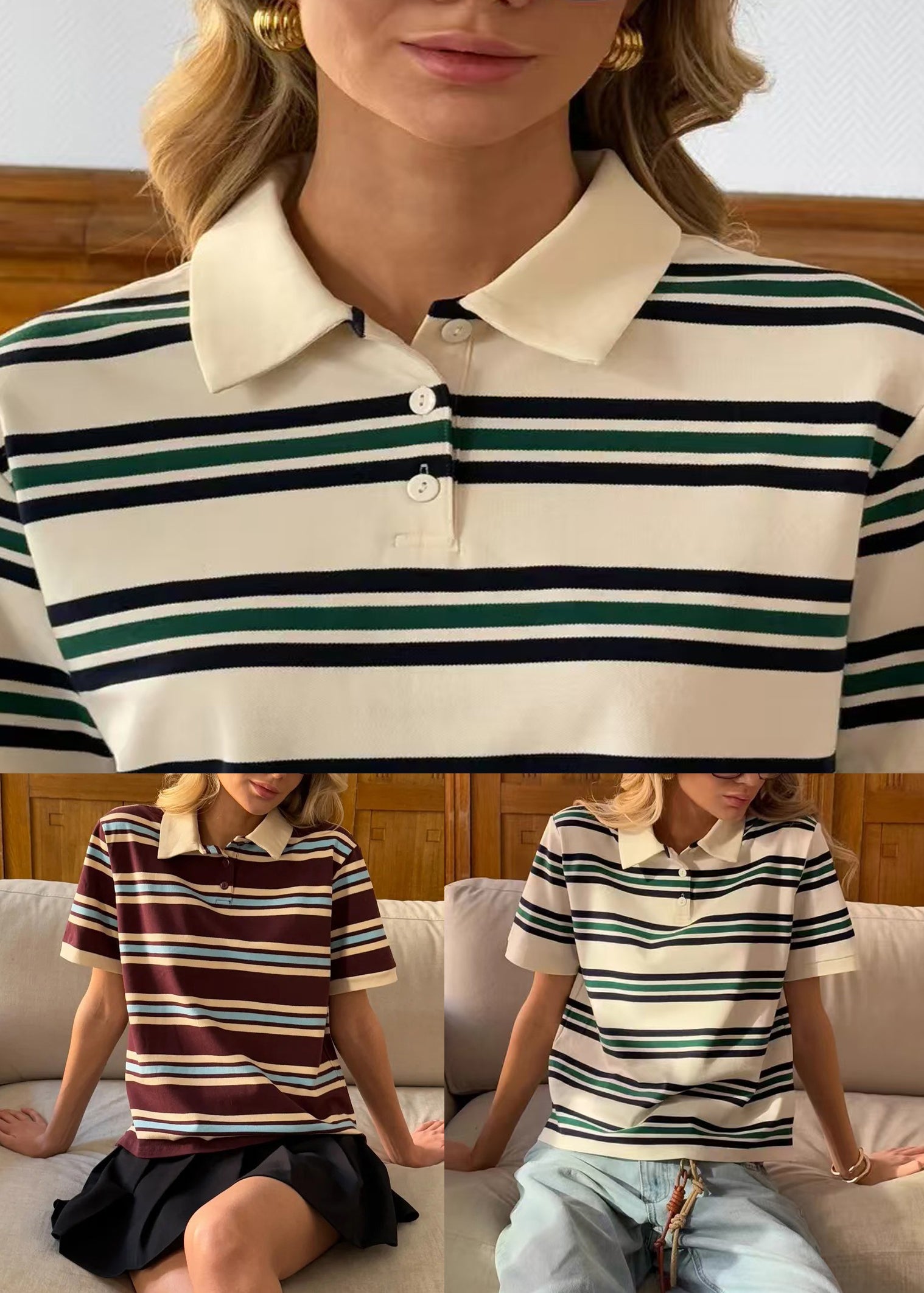 Beige Striped Button Cotton Summer T Shirt Peter Pan Collar