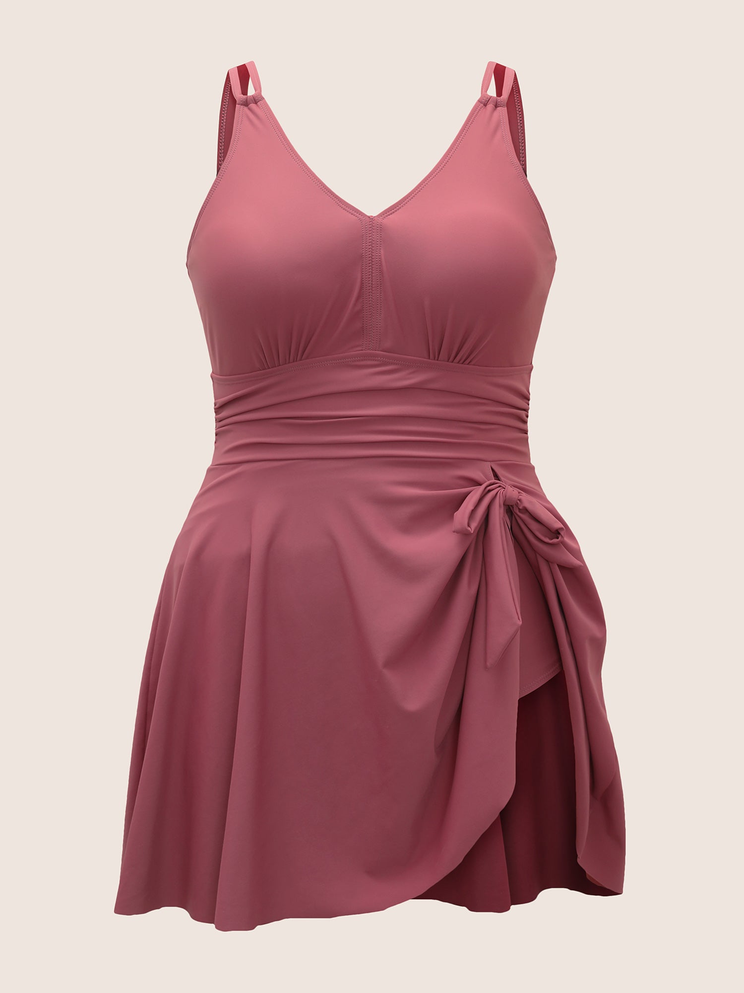 Plain Gathered Knot Adjustable Straps Swim Dress