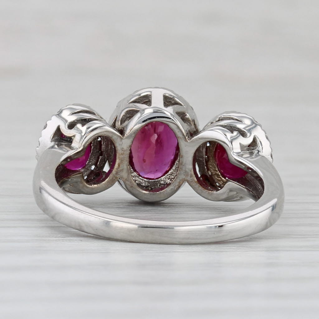 2.22ctw Ruby 3-Stone Diamond Halo Ring 14k White Gold Size 5.75