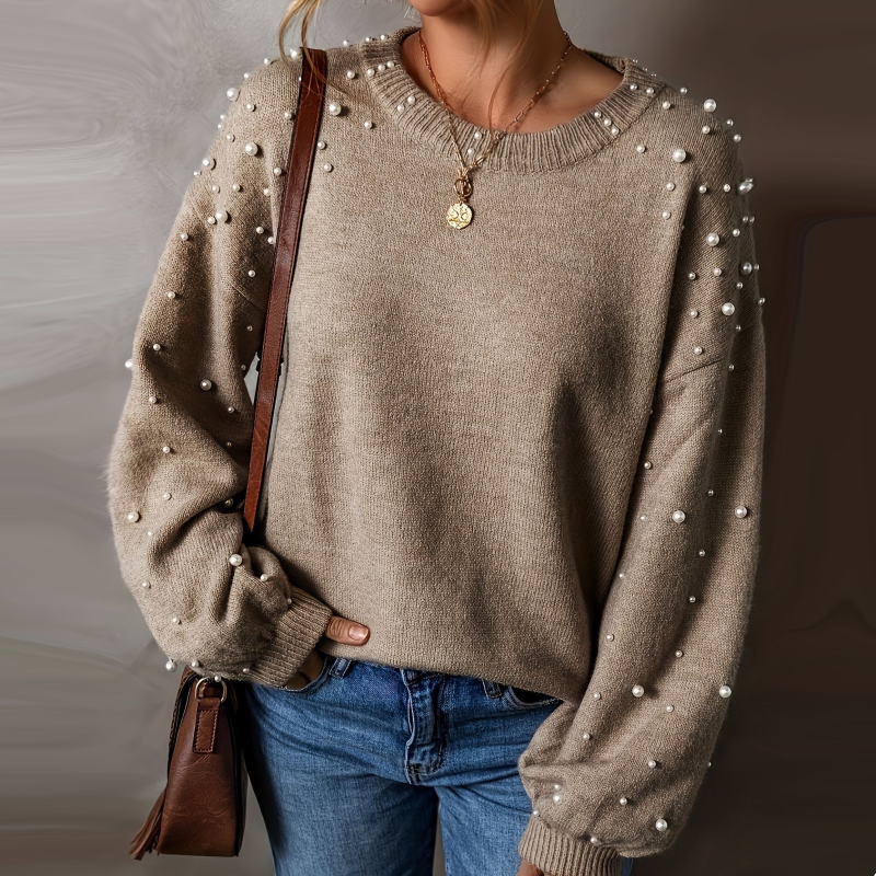 🍃Women's Faux Pearls Round Neck Pullover Sweater