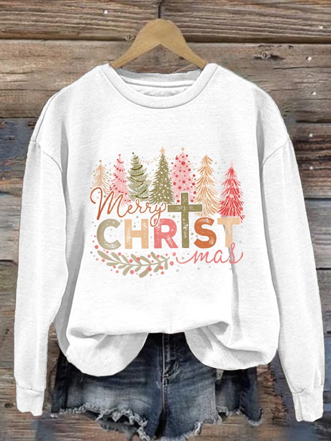 Women's Merry Christmas Printed Long Sleeve Crewneck Sweatshirt