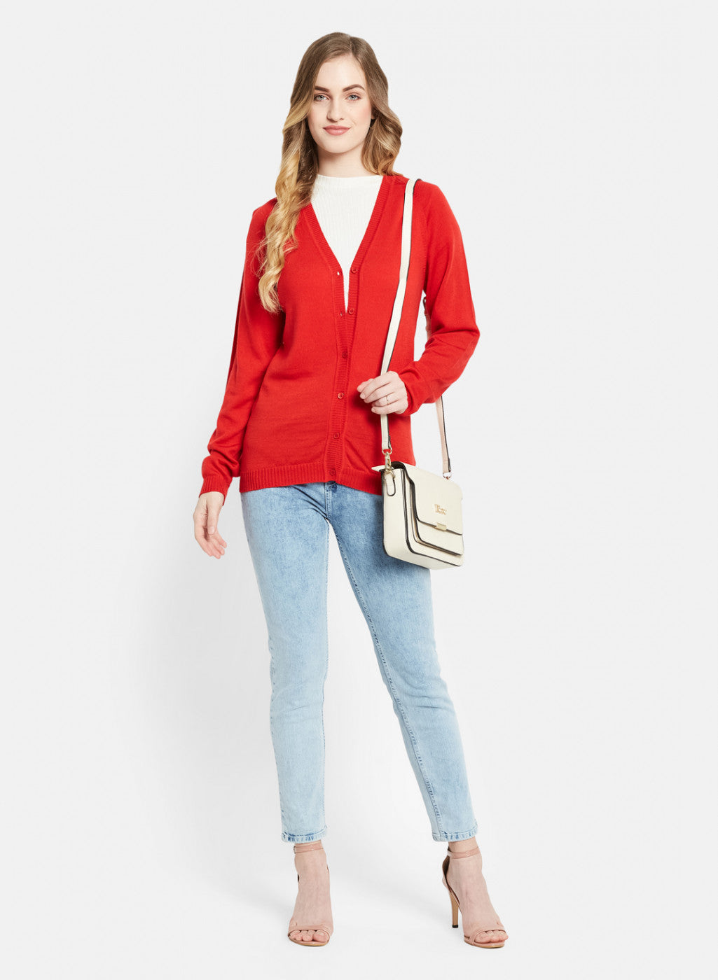 Women Red Solid Cardigan