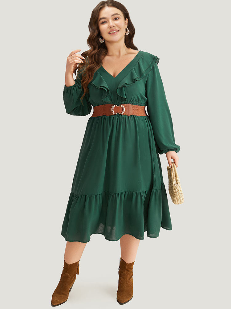 Solid Shirred Ruffle Trim Pleated Dress