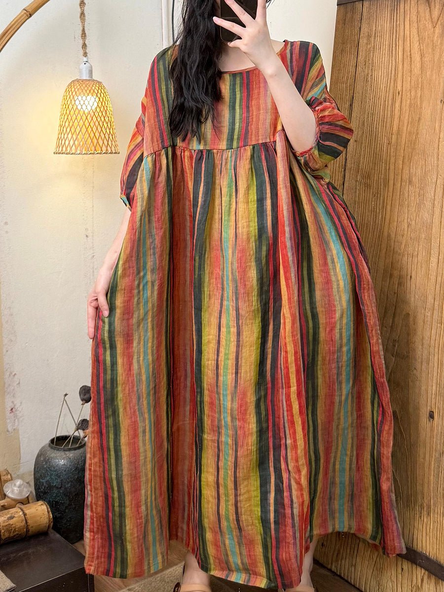 Women Summer Vintage Stripe Flower O-Neck Ramie Dress