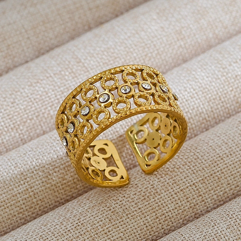 Rock Oversized Leaves Eye Flower 304 Stainless Steel Gem 18K Gold Plated Inlay Open Rings