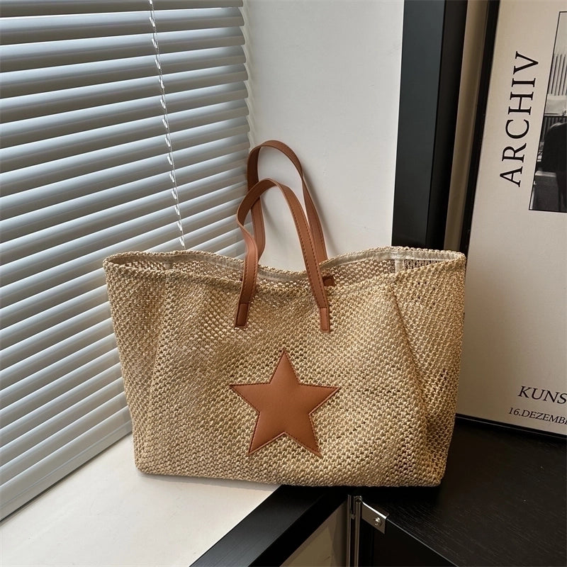 Women's Large Straw Star Elegant Square Magnetic Buckle Shoulder Bag