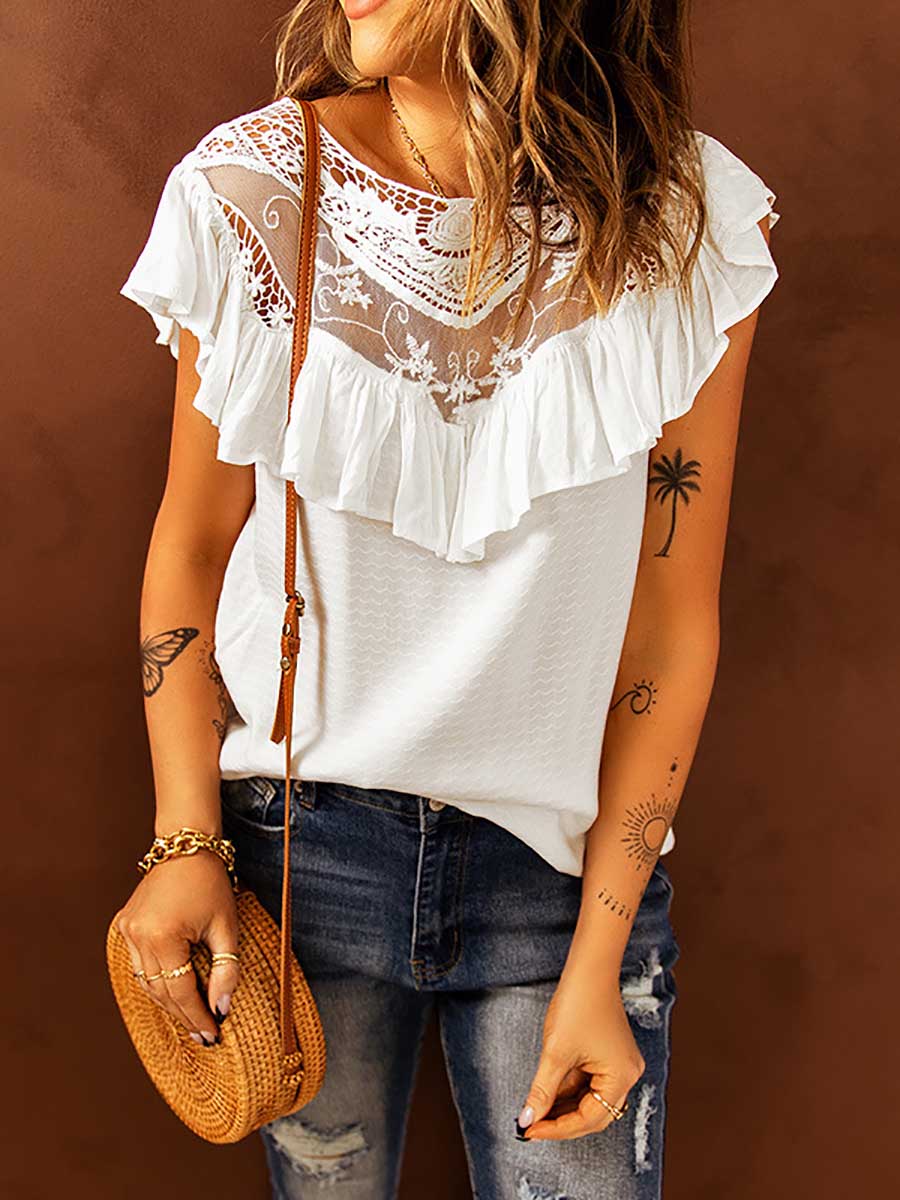 Lace Ruffle Round Neck Top