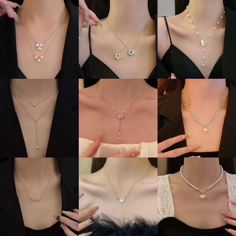 Fashion Flower Butterfly Titanium Steel Copper Pearl Plating Inlay Rhinestones Pendant Necklace 1 Piece