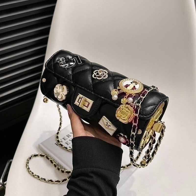 Women's Medium All Seasons Pu Leather Flower Streetwear Square Lock Clasp Shoulder Bag