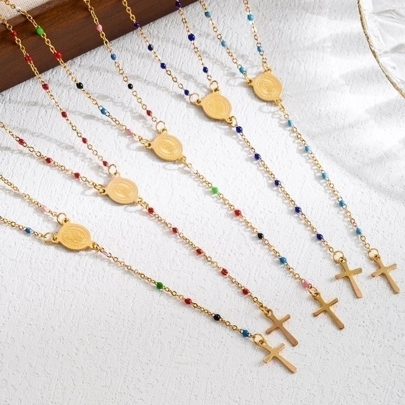3 Pieces Elegant Classical Cross Virgin Mary Priest Stainless Steel Beaded Plating 18k Gold Plated Necklace