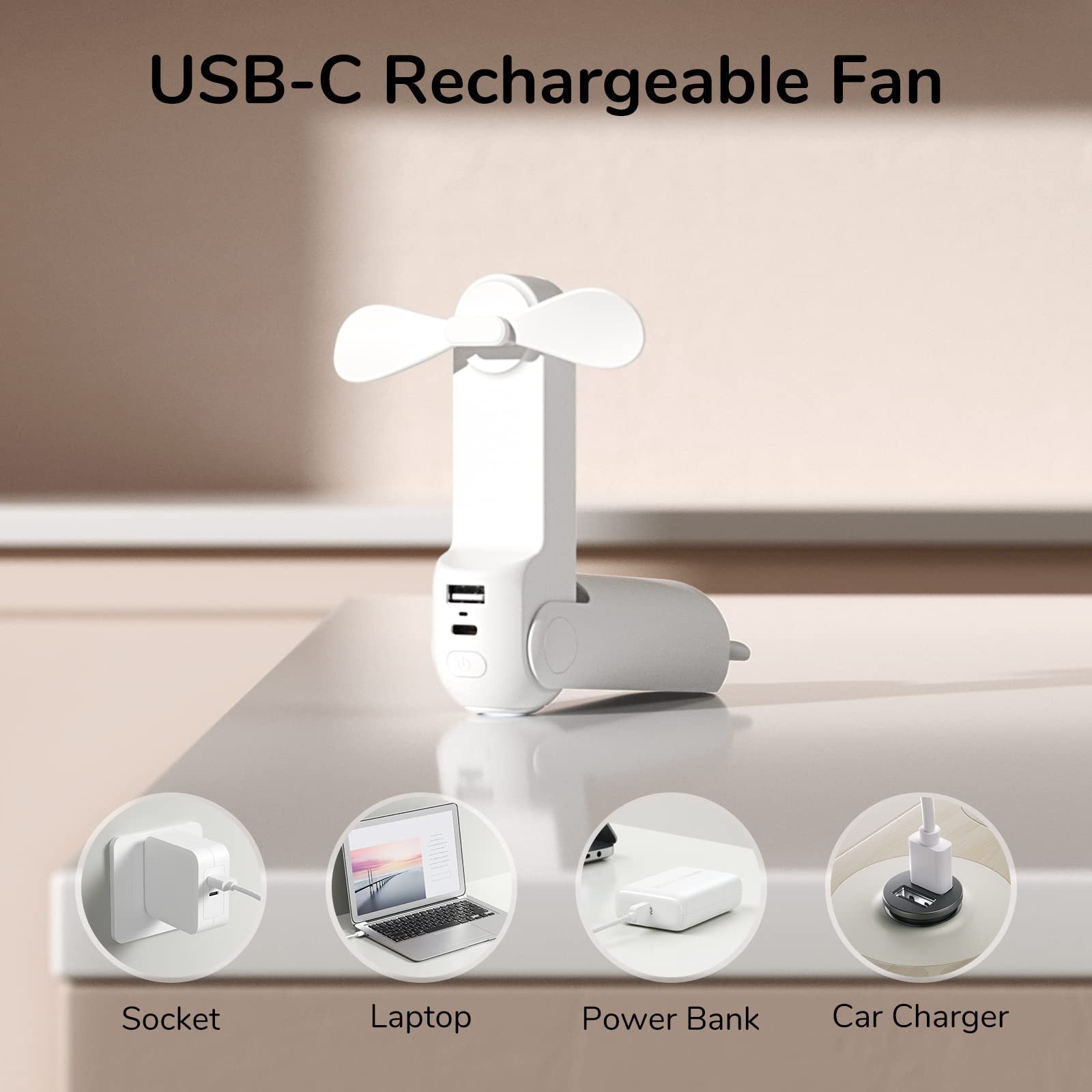 3 IN 1 USB Rechargeable Handheld Fan with Bank Power and Flashlight