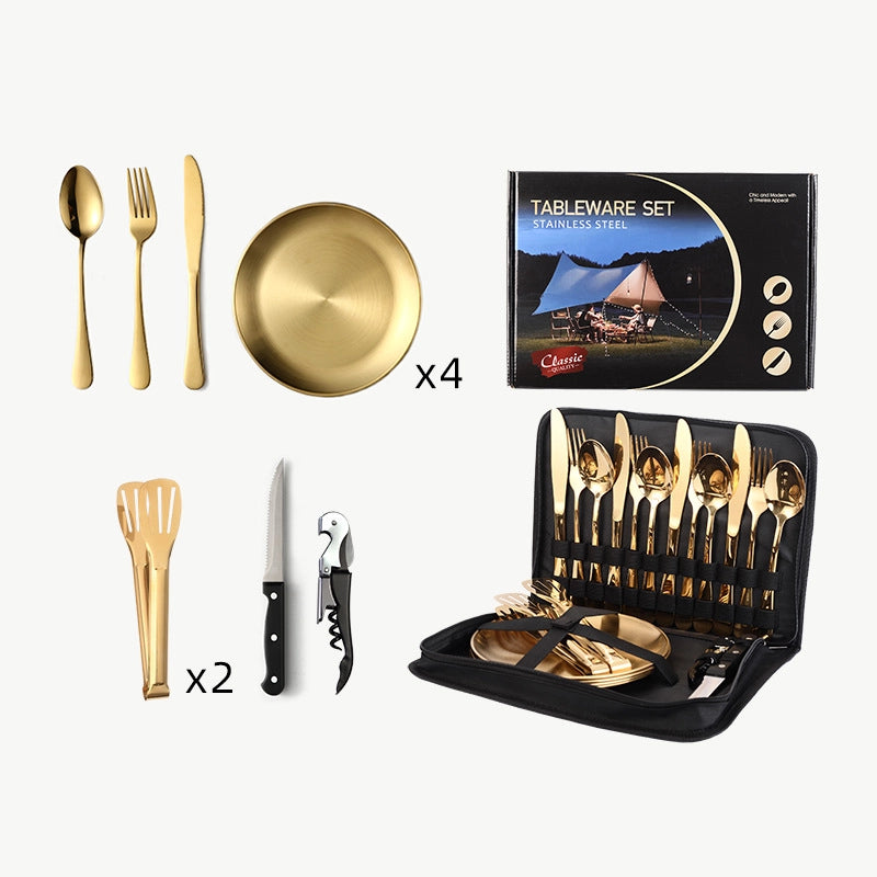 Outdoor Travel Stainless Steel Tableware Camping Picnic Barbecue Plate Clip Steak Knife. Fork And Spoon Suit Portable Storage Bag