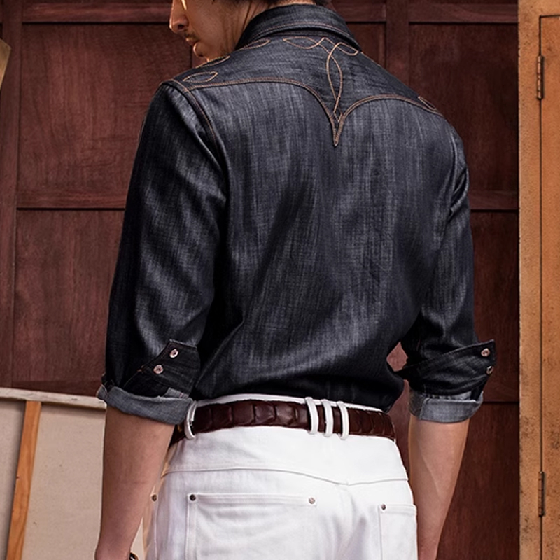 Vintage Imitation Denim Cotton And Linen Casual Long-Sleeved Shirt